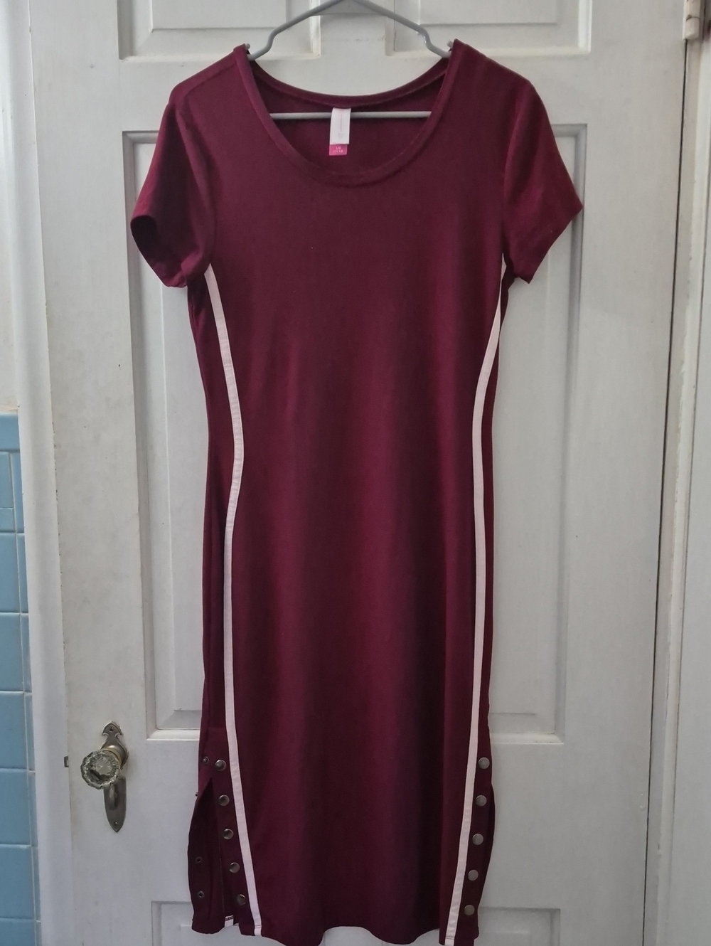 Burgundy Midi Dress with White Side Stripes